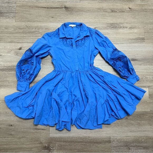 Maje Skater Dress Womens Size 38 Blue Long Sleeves Belted Rebello Guipure Lace